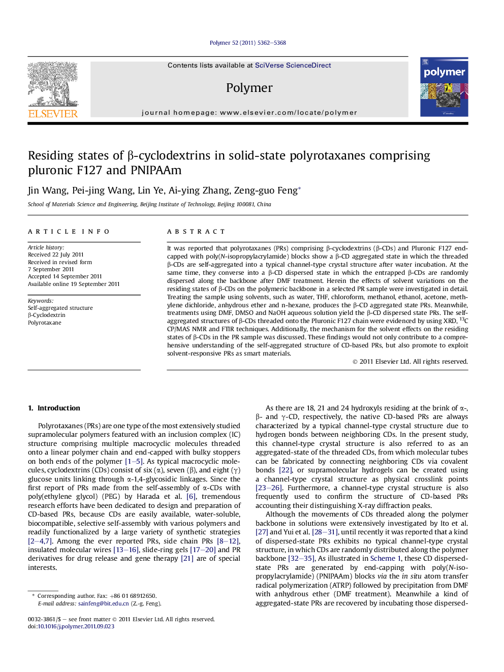 Residing states of Î²-cyclodextrins in solid-state polyrotaxanes comprising pluronic F127 and PNIPAAm