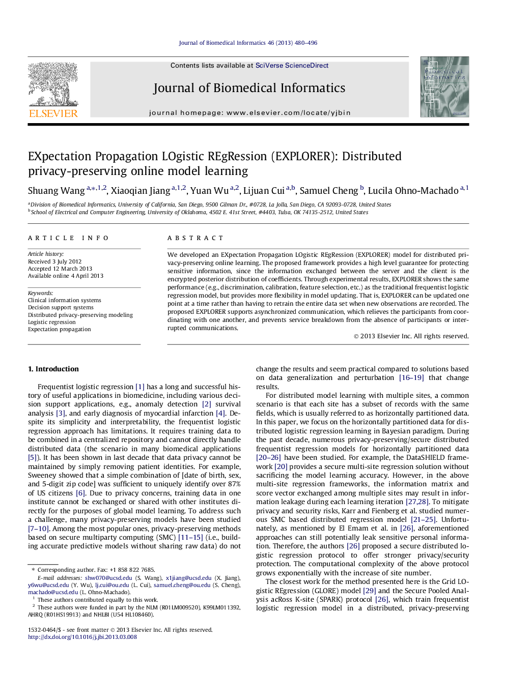 EXpectation Propagation LOgistic REgRession (EXPLORER): Distributed privacy-preserving online model learning