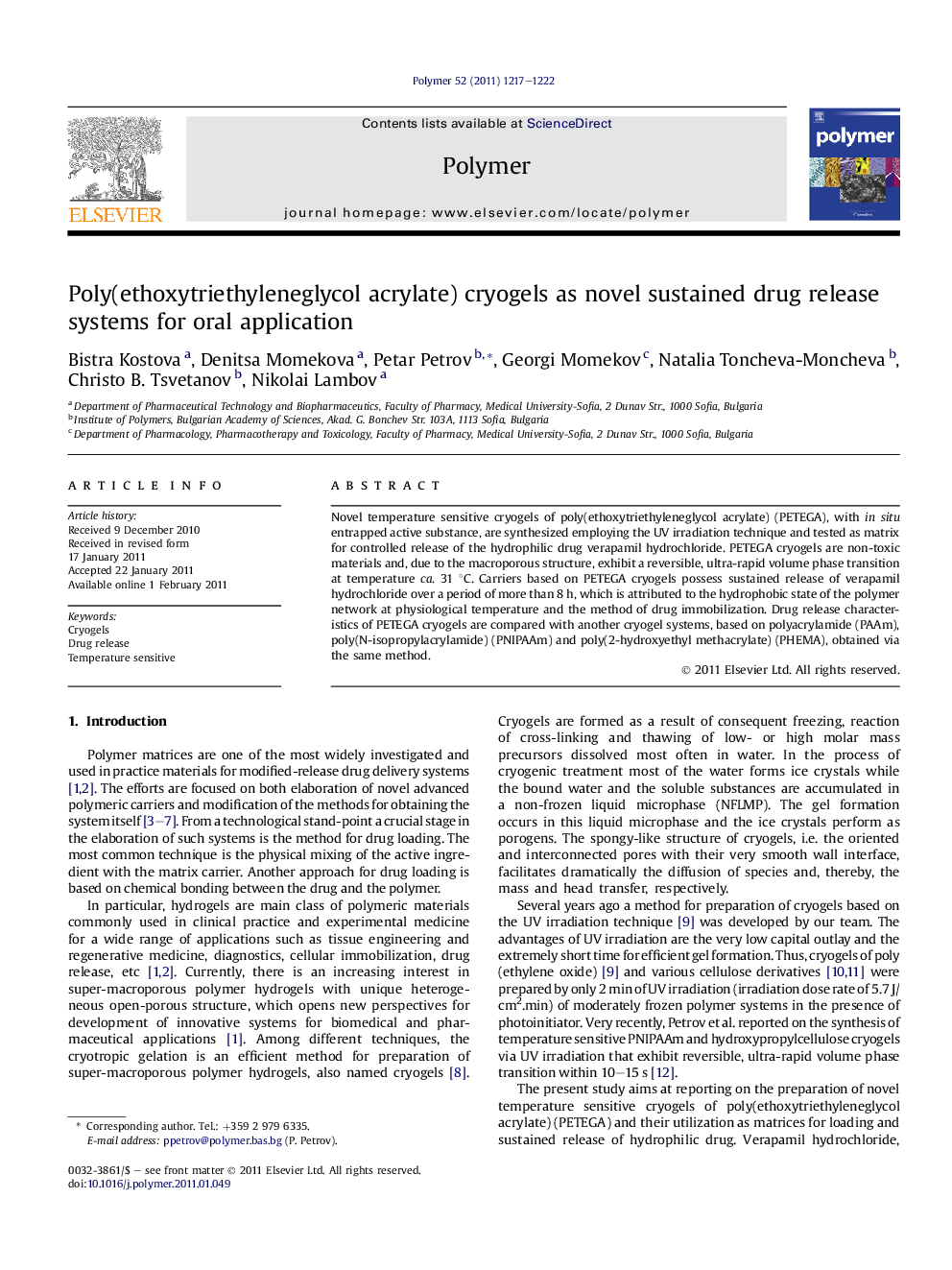 Poly(ethoxytriethyleneglycol acrylate) cryogels as novel sustained drug release systems for oral application