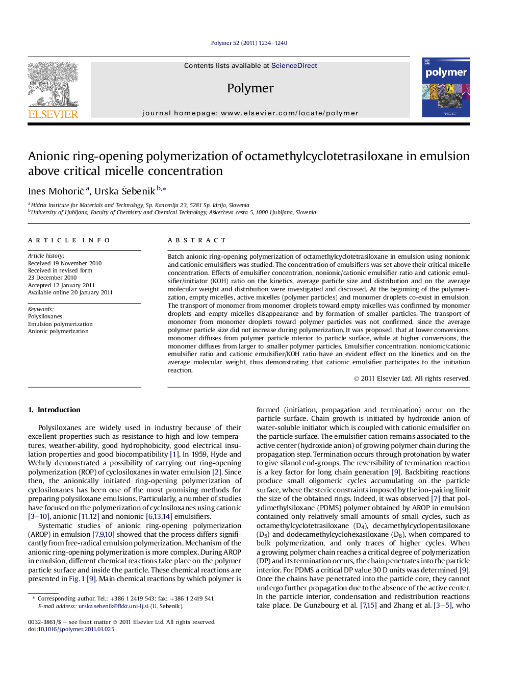 Anionic ring-opening polymerization of octamethylcyclotetrasiloxane in emulsion above critical micelle concentration