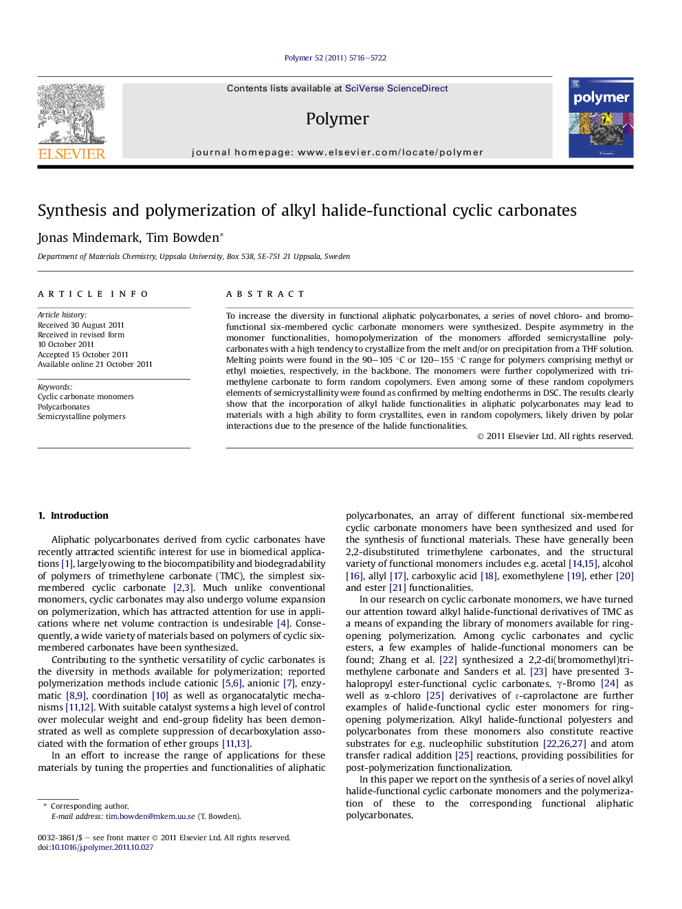 Synthesis and polymerization of alkyl halide-functional cyclic carbonates