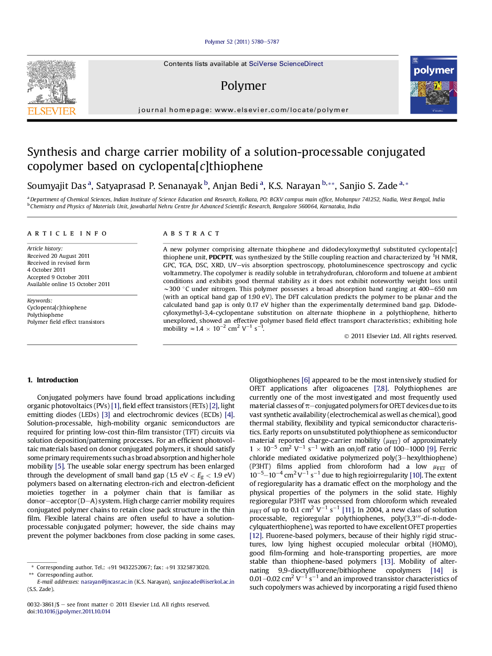 Synthesis and charge carrier mobility of a solution-processable conjugated copolymer based on cyclopenta[c]thiophene