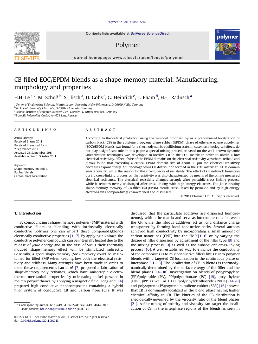 CB filled EOC/EPDM blends as a shape-memory material: Manufacturing, morphology and properties