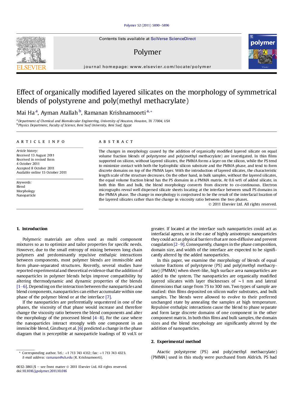 Effect of organically modified layered silicates on the morphology of symmetrical blends of polystyrene and poly(methyl methacrylate)