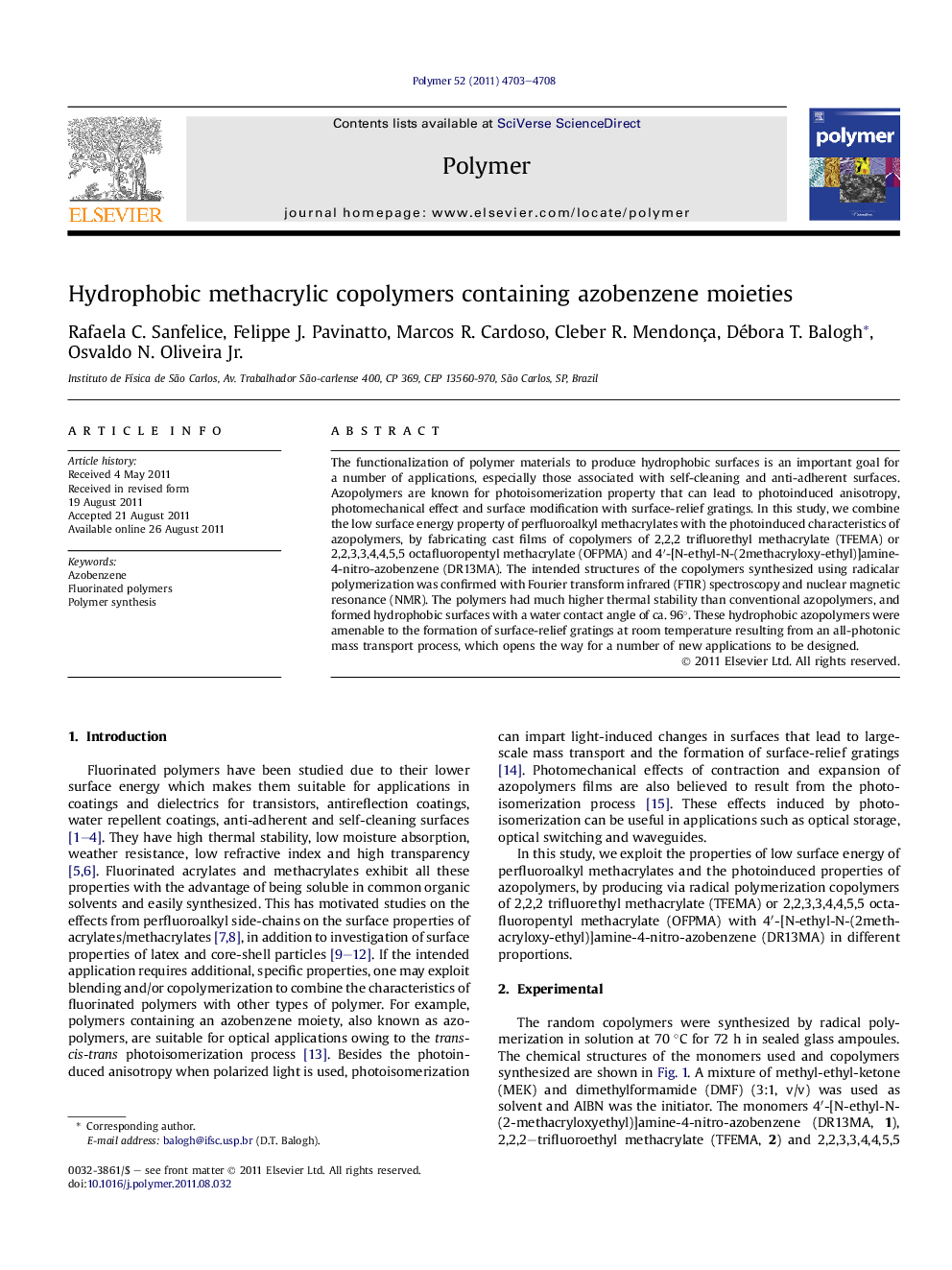 Hydrophobic methacrylic copolymers containing azobenzene moieties