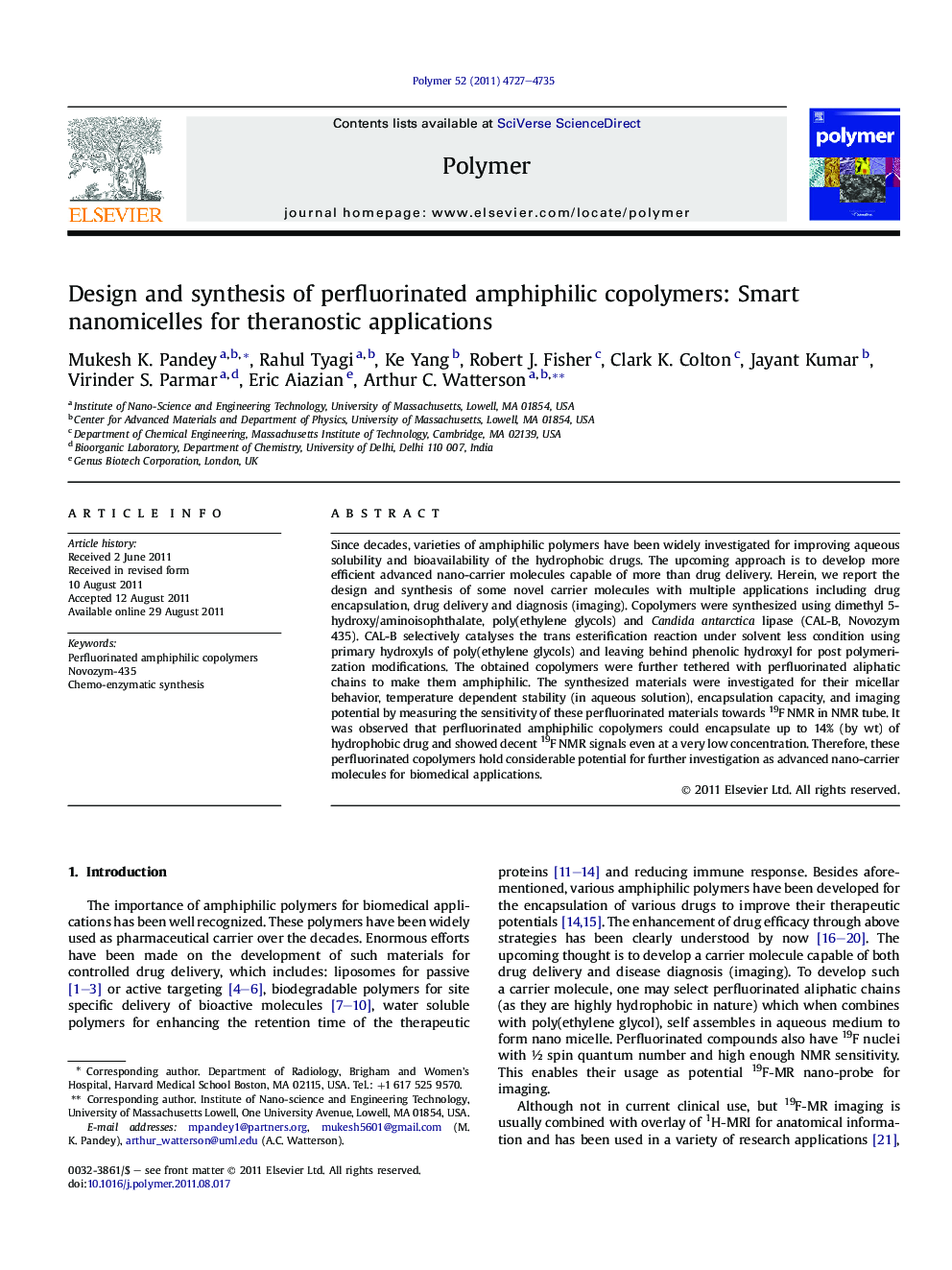 Design and synthesis of perfluorinated amphiphilic copolymers: Smart nanomicelles for theranostic applications