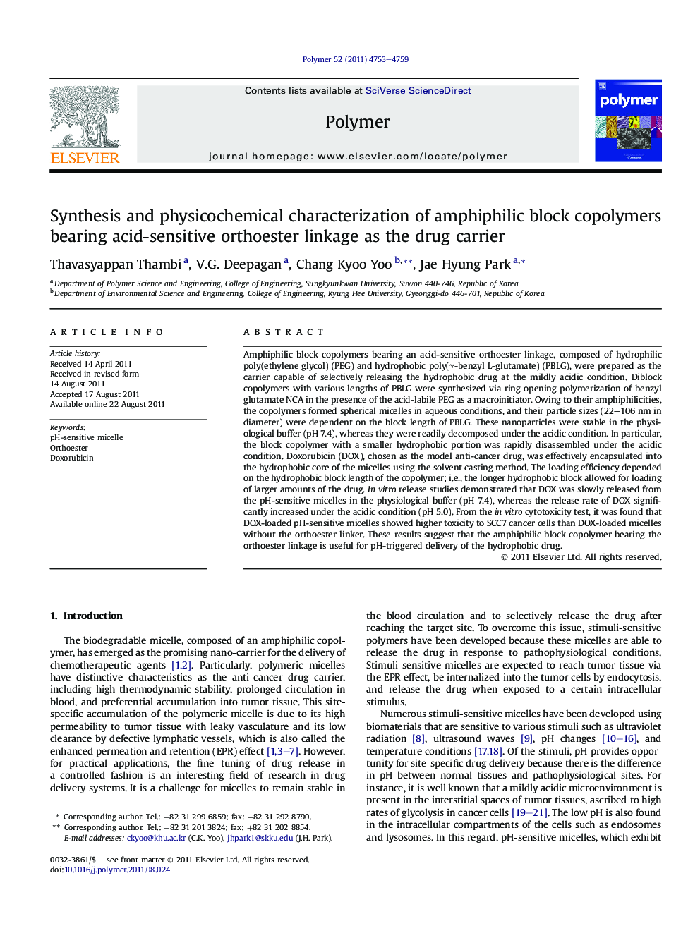 Synthesis and physicochemical characterization of amphiphilic block copolymers bearing acid-sensitive orthoester linkage as the drug carrier