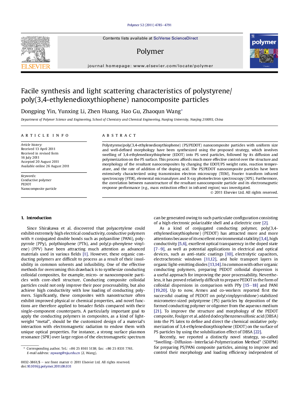 Facile synthesis and light scattering characteristics of polystyrene/poly(3,4-ethylenedioxythiophene) nanocomposite particles