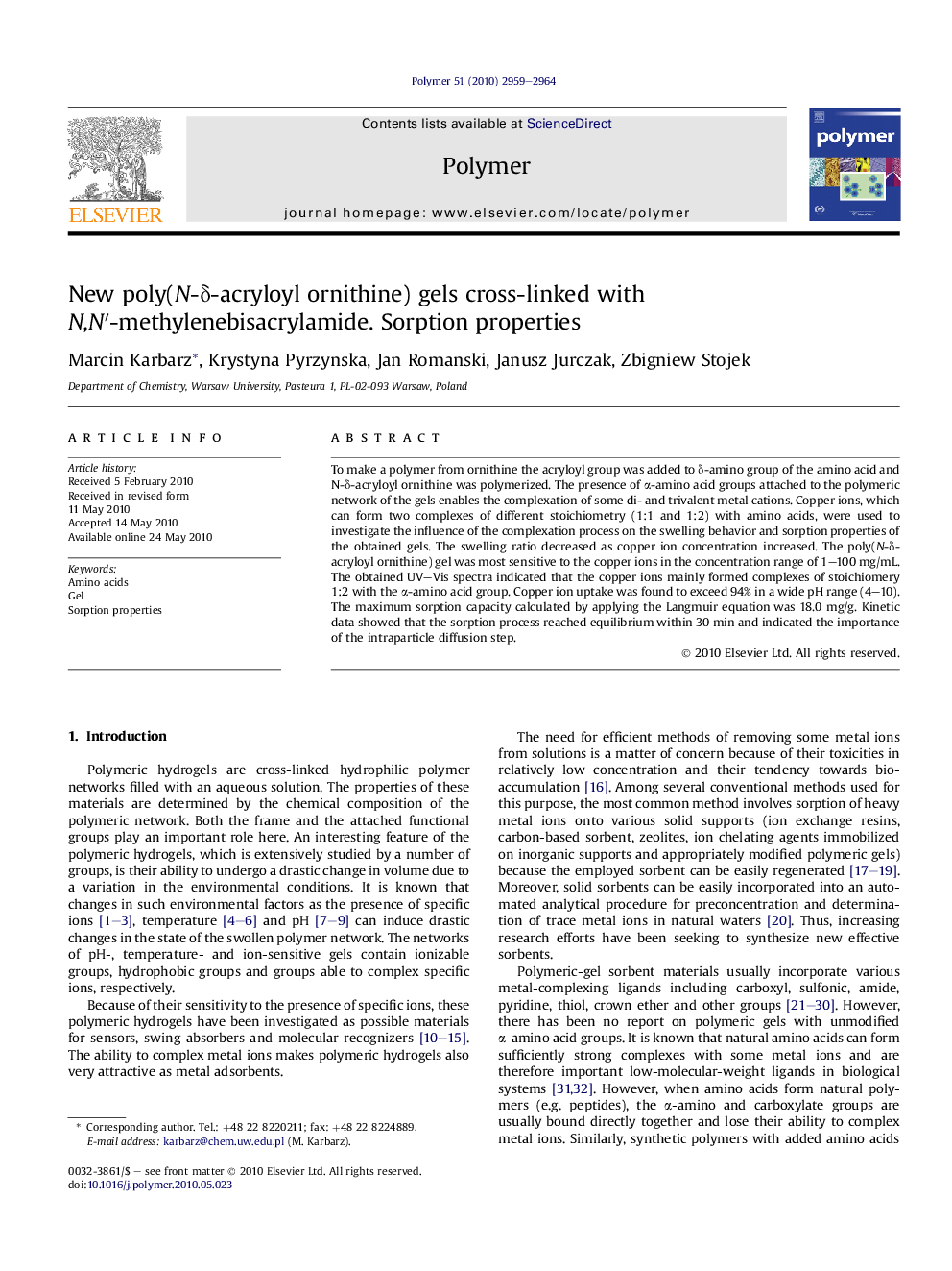 New poly(N-Î´-acryloyl ornithine) gels cross-linked with N,Nâ²-methylenebisacrylamide. Sorption properties