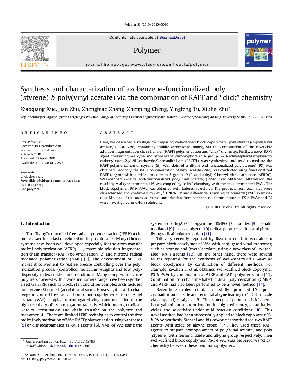 Synthesis and characterization of azobenzene-functionalized poly(styrene)-b-poly(vinyl acetate) via the combination of RAFT and “click” chemistry