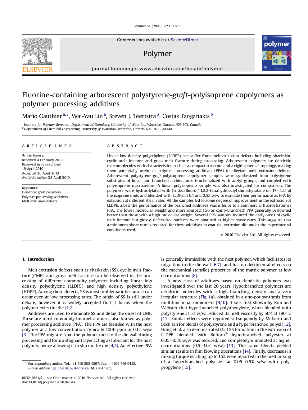 Fluorine-containing arborescent polystyrene-graft-polyisoprene copolymers as polymer processing additives