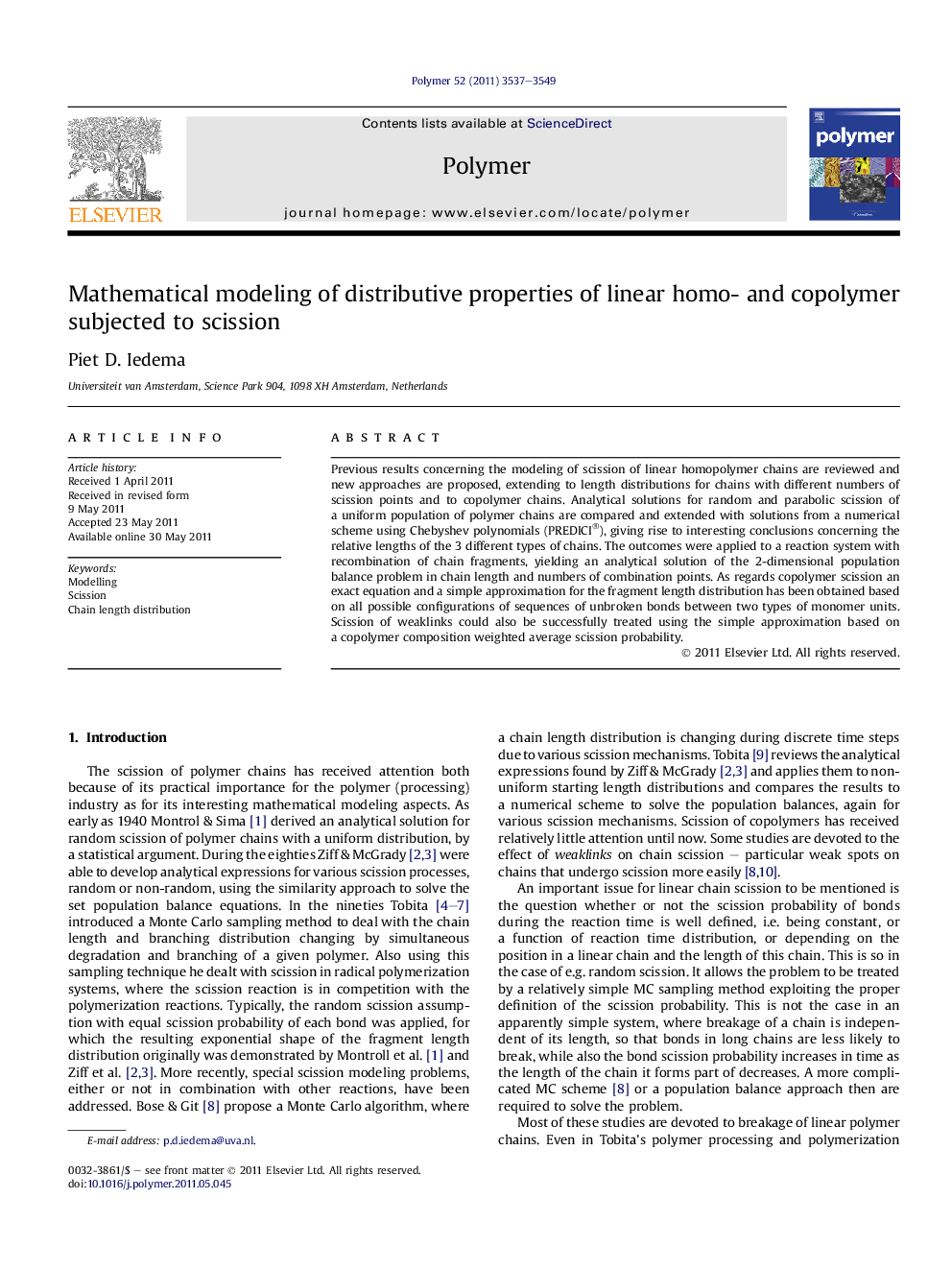 عکس صفحه اول مقاله: Mathematical modeling of distributive properties of linear homo- and copolymer subjected to scission Mathematical modeling of distributive properties of linear homo- and copolymer subjected to scission