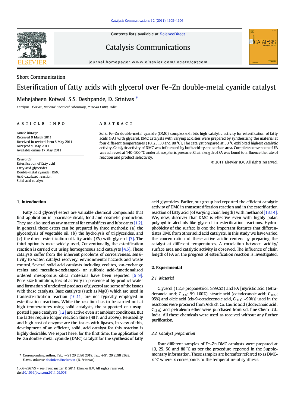 Esterification of fatty acids with glycerol over Fe–Zn double-metal cyanide catalyst