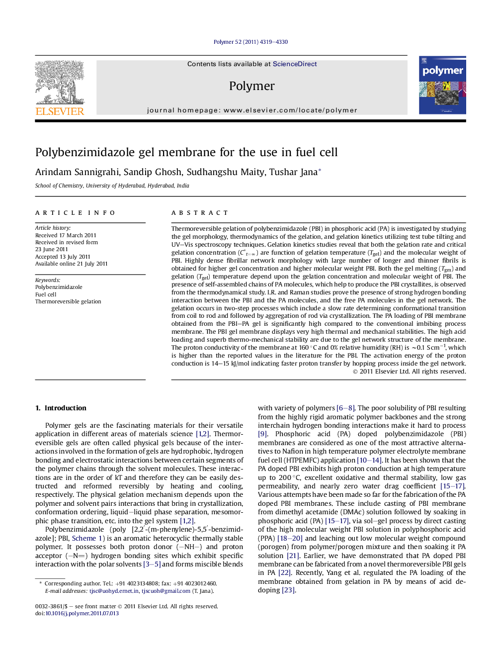 Polybenzimidazole gel membrane for the use in fuel cell