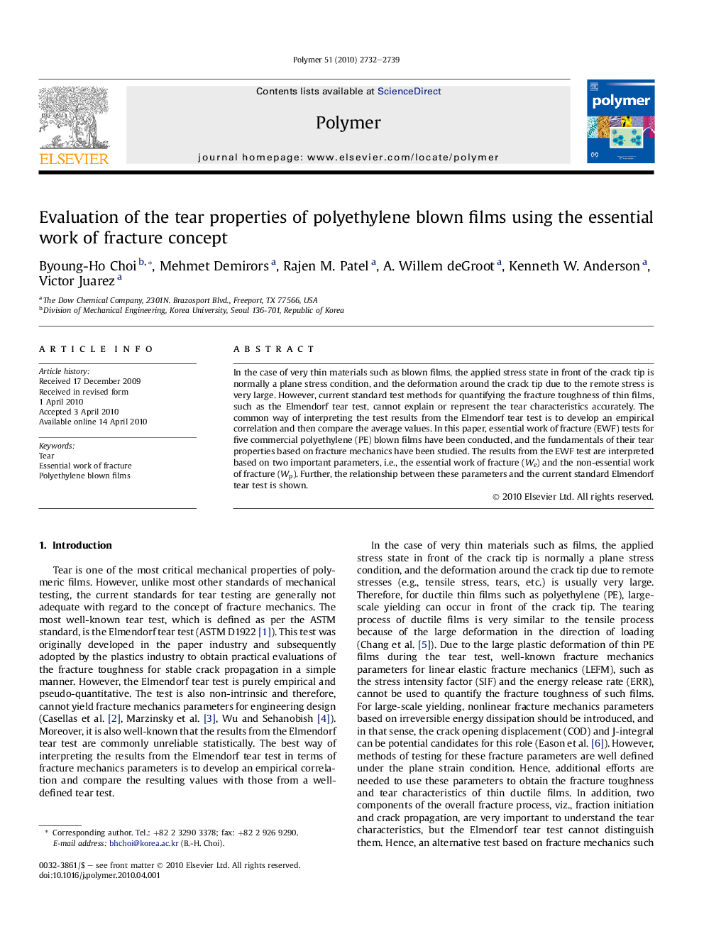 Evaluation of the tear properties of polyethylene blown films using the essential work of fracture concept