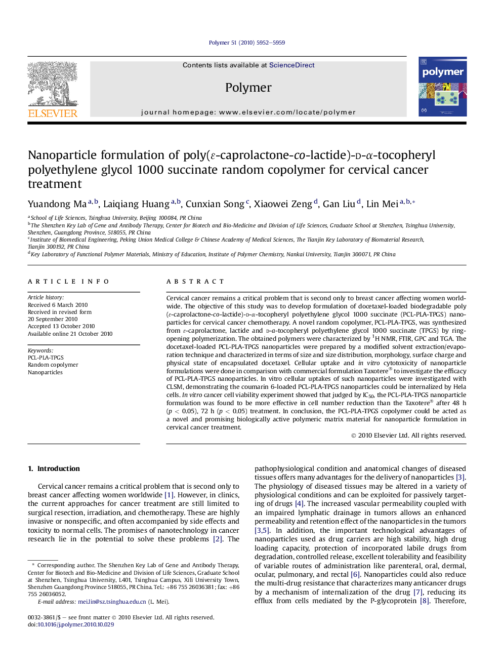 Nanoparticle formulation of poly(É-caprolactone-co-lactide)-d-Î±-tocopheryl polyethylene glycol 1000 succinate random copolymer for cervical cancer treatment