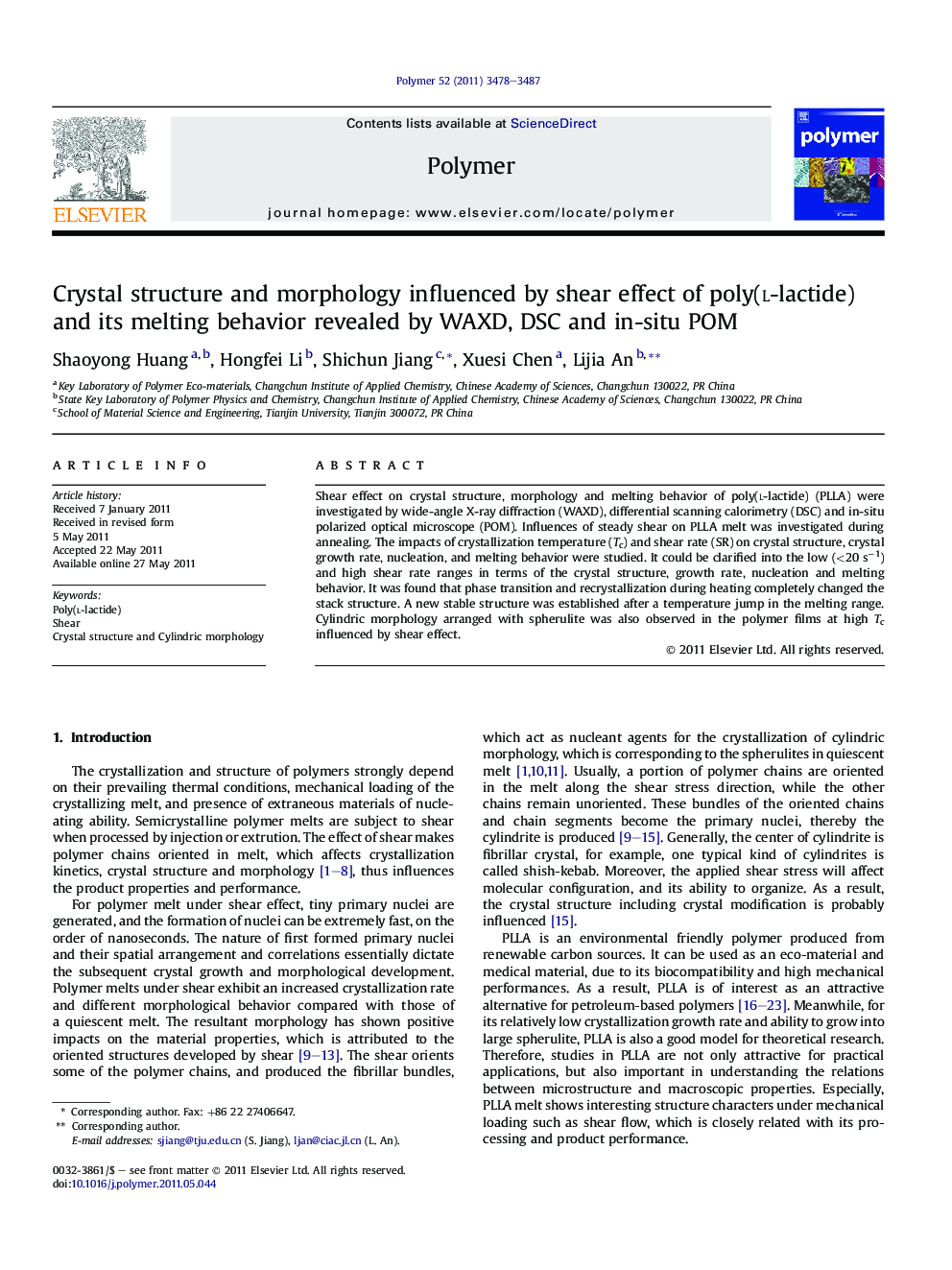 Crystal structure and morphology influenced by shear effect of poly(l-lactide) and its melting behavior revealed by WAXD, DSC and in-situ POM