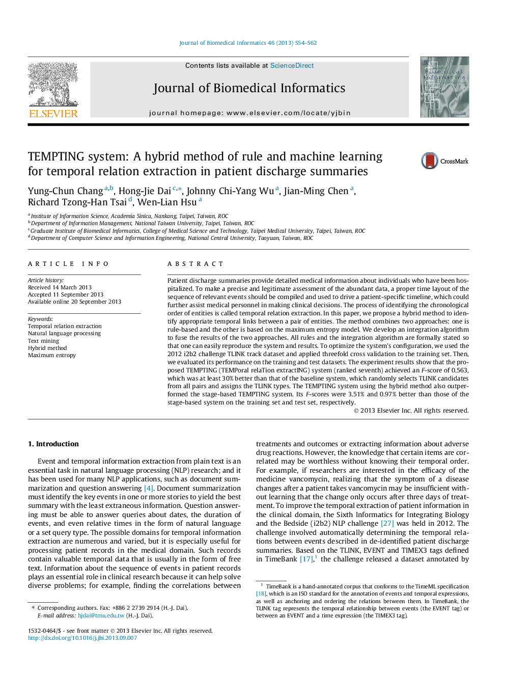 TEMPTING system: A hybrid method of rule and machine learning for temporal relation extraction in patient discharge summaries