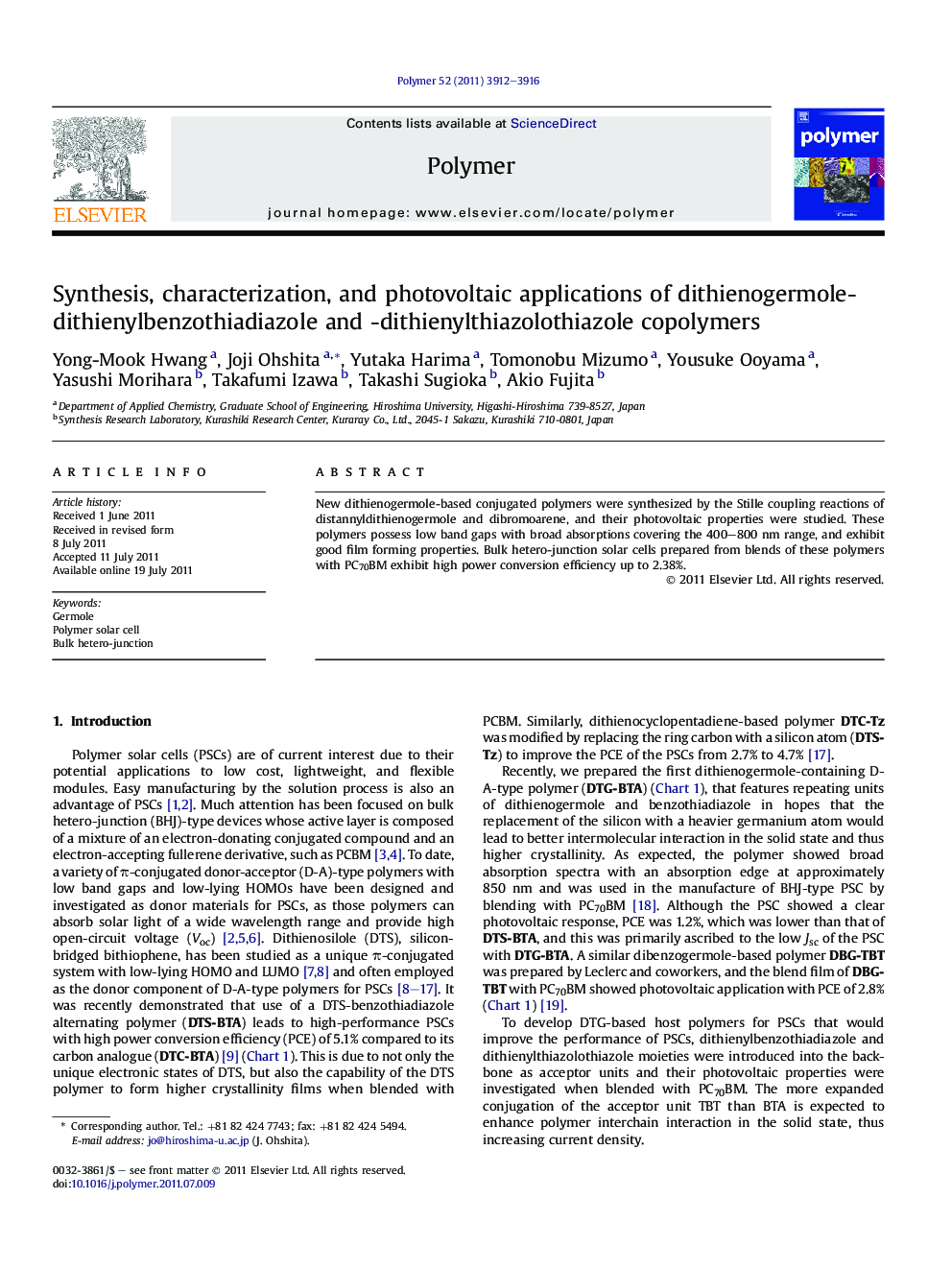 Synthesis, characterization, and photovoltaic applications of dithienogermole-dithienylbenzothiadiazole and -dithienylthiazolothiazole copolymers