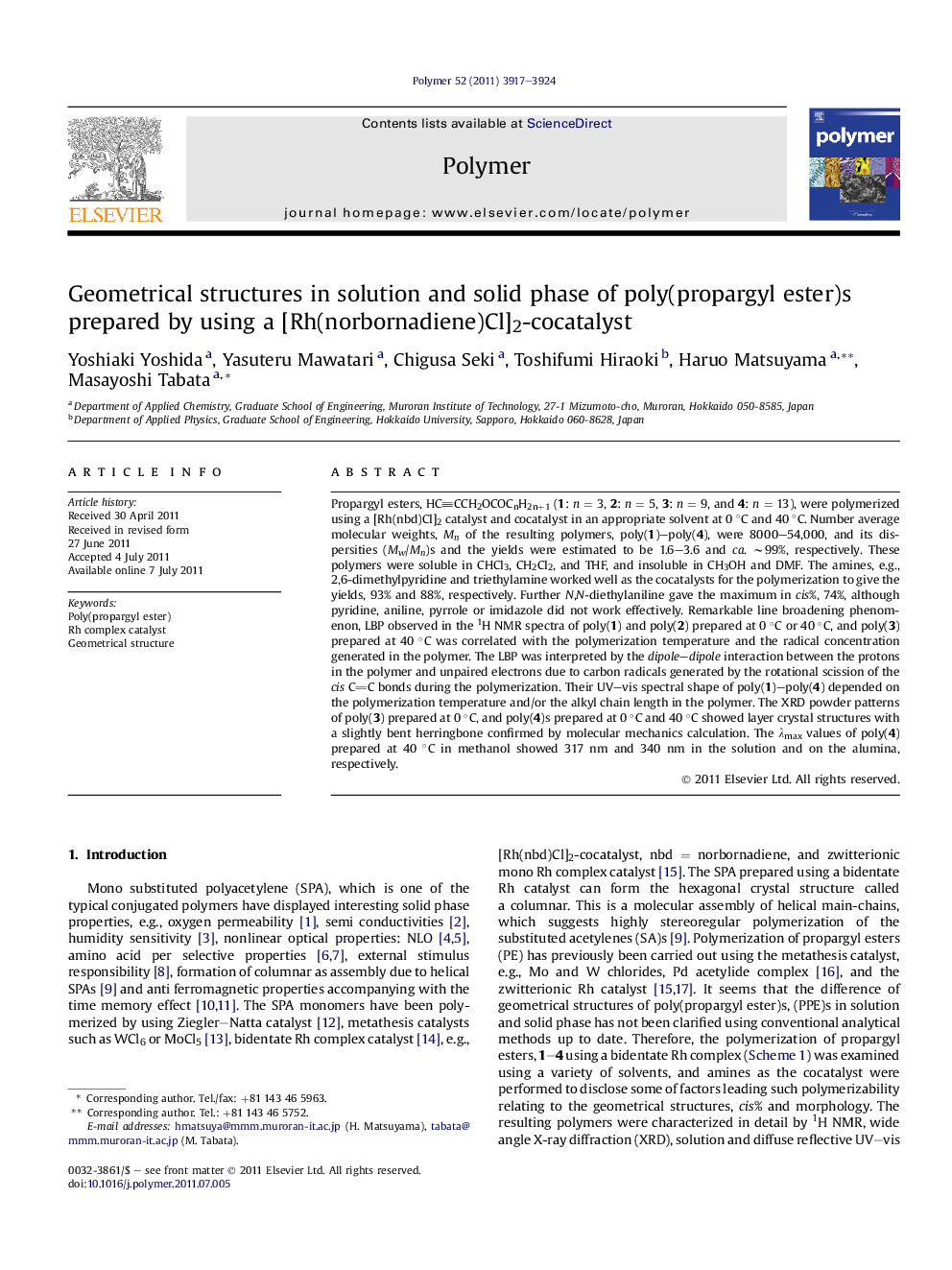 Geometrical structures in solution and solid phase of poly(propargyl ester)s prepared by using a [Rh(norbornadiene)Cl]2-cocatalyst