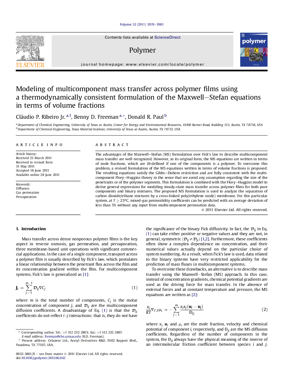 Modeling of multicomponent mass transfer across polymer films using a thermodynamically consistent formulation of the Maxwell-Stefan equations in terms of volume fractions