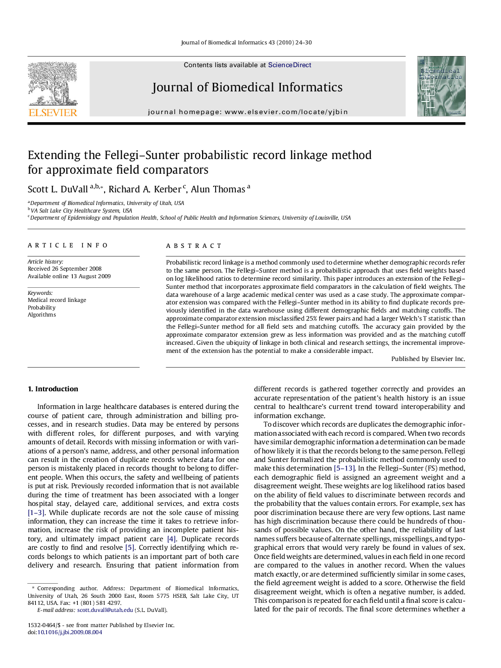 Extending the Fellegi–Sunter probabilistic record linkage method for approximate field comparators