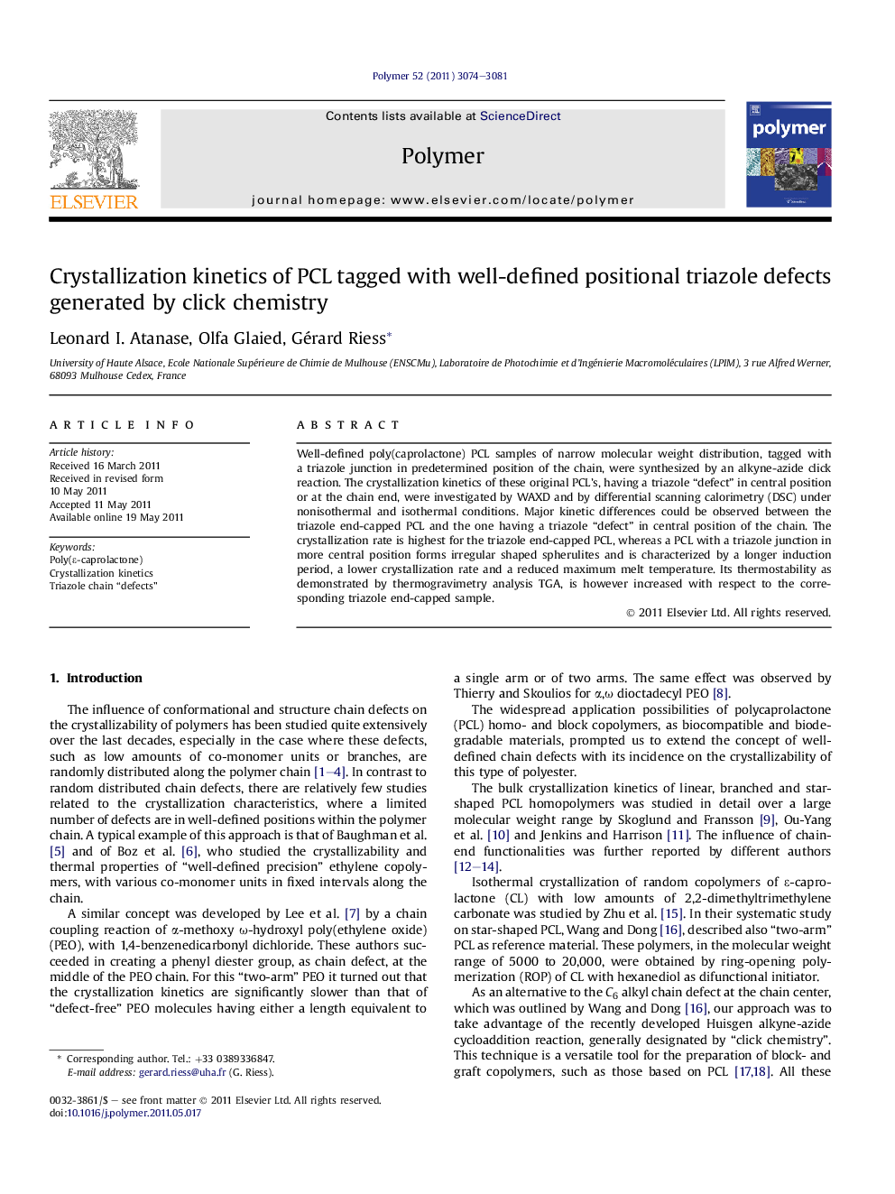 Crystallization kinetics of PCL tagged with well-defined positional triazole defects generated by click chemistry