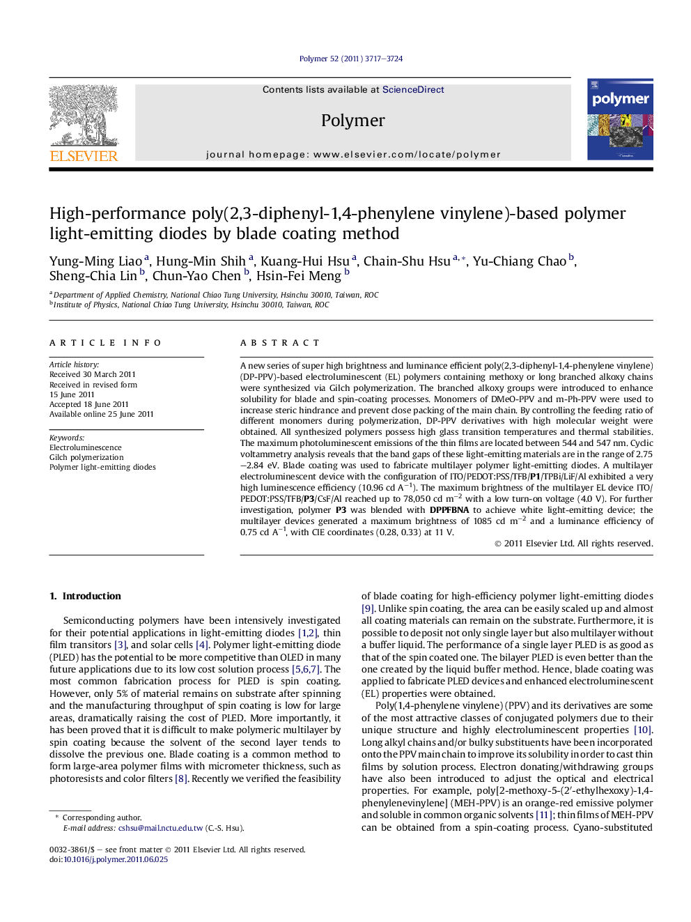 High-performance poly(2,3-diphenyl-1,4-phenylene vinylene)-based polymer light-emitting diodes by blade coating method