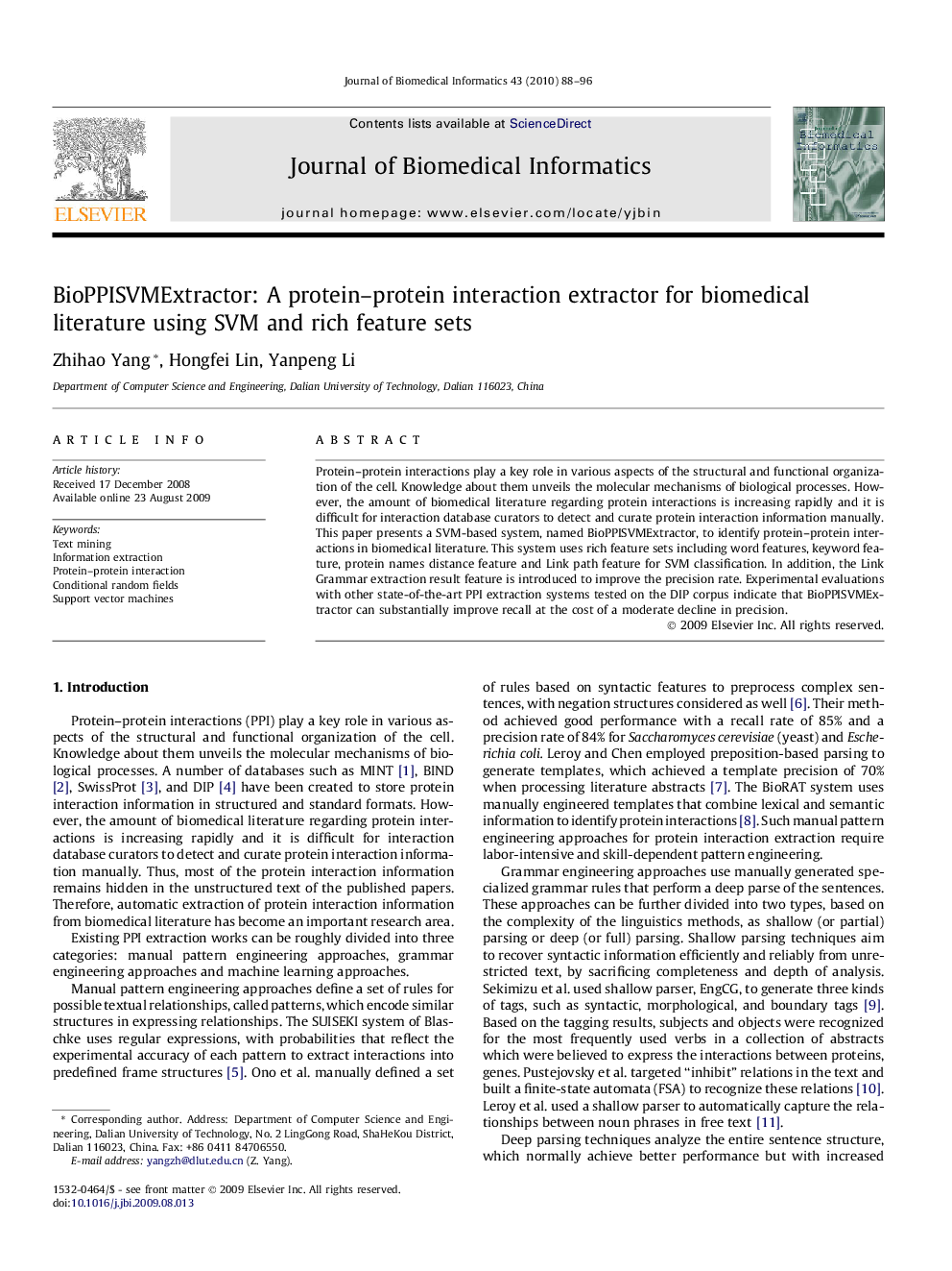 BioPPISVMExtractor: A protein–protein interaction extractor for biomedical literature using SVM and rich feature sets