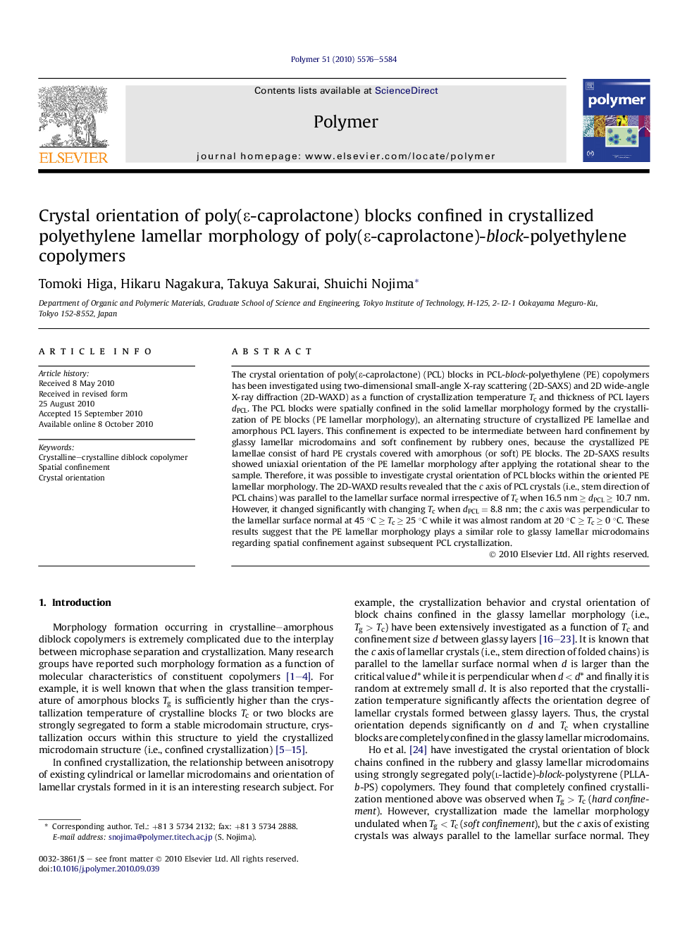 Crystal orientation of poly(É-caprolactone) blocks confined in crystallized polyethylene lamellar morphology of poly(É-caprolactone)-block-polyethylene copolymers