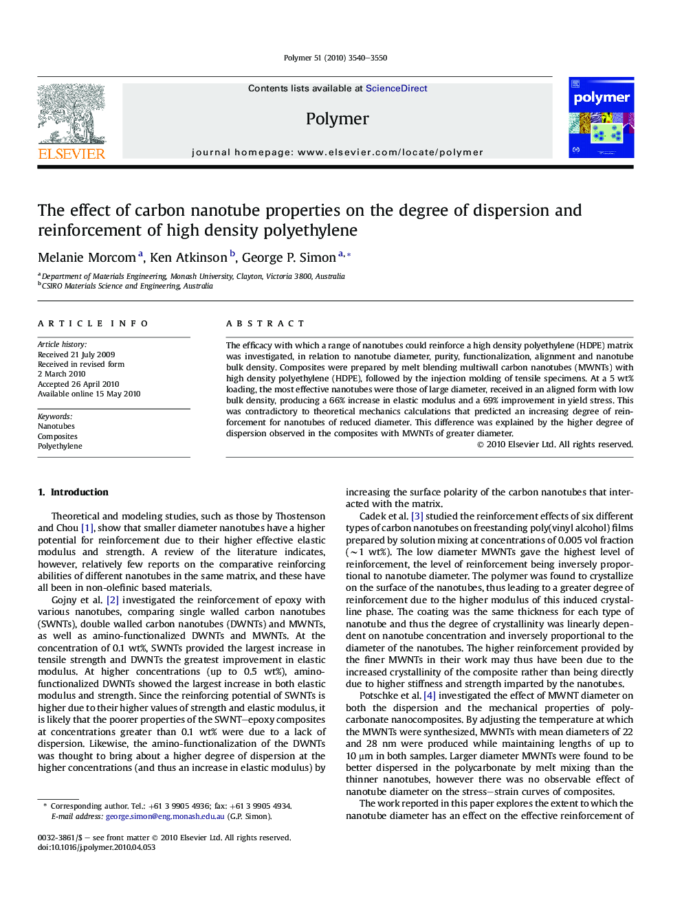 The effect of carbon nanotube properties on the degree of dispersion and reinforcement of high density polyethylene