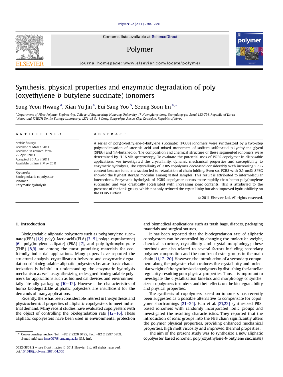 Synthesis, physical properties and enzymatic degradation of poly (oxyethylene-b-butylene succinate) ionomers