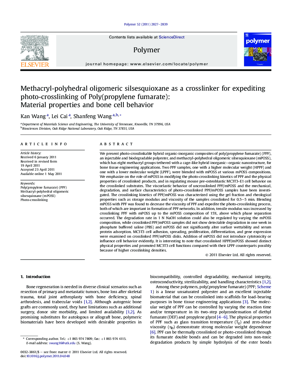 Methacryl-polyhedral oligomeric silsesquioxane as a crosslinker for expediting photo-crosslinking of Poly(propylene fumarate): Material properties and bone cell behavior