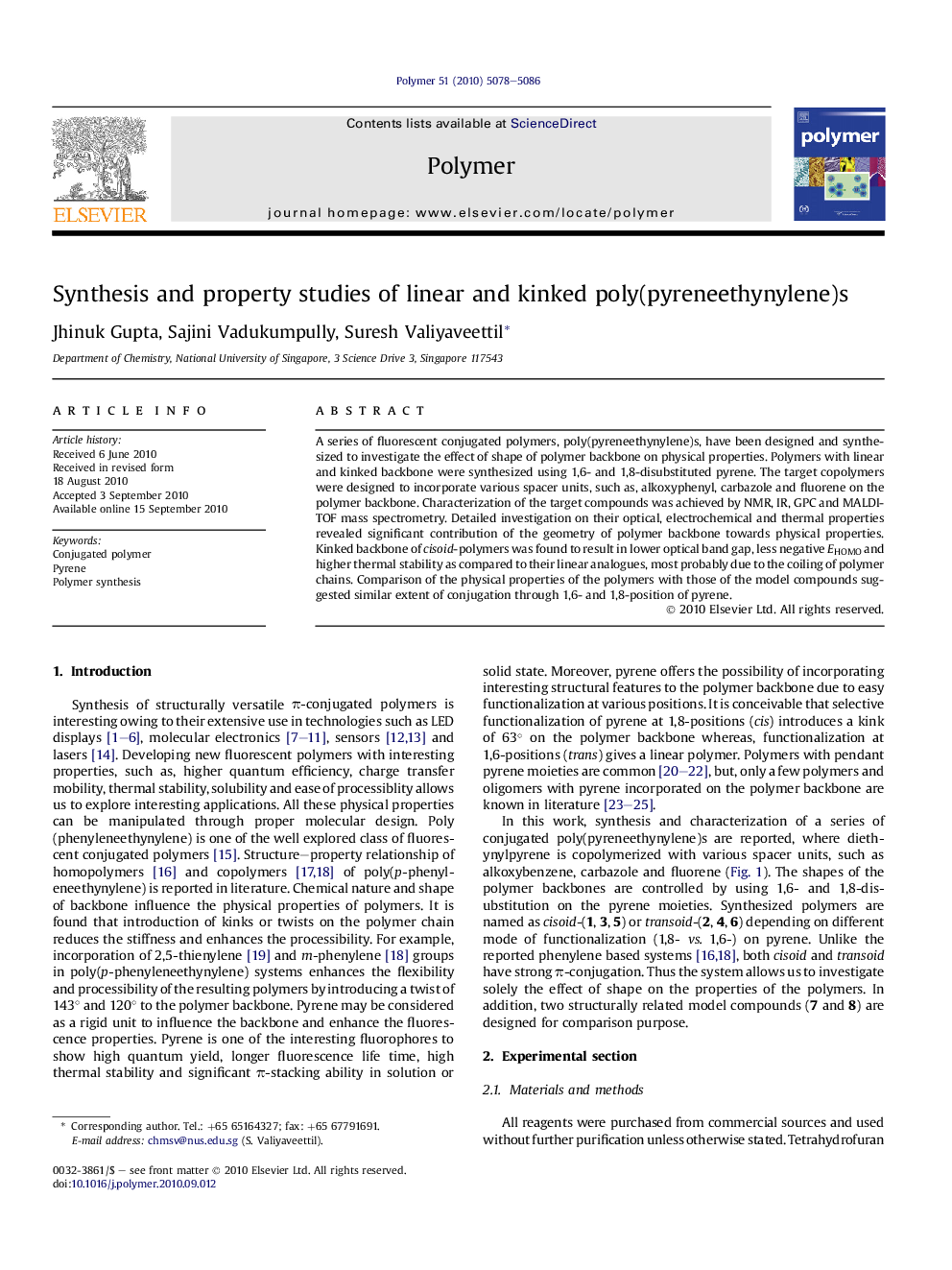 Synthesis and property studies of linear and kinked poly(pyreneethynylene)s