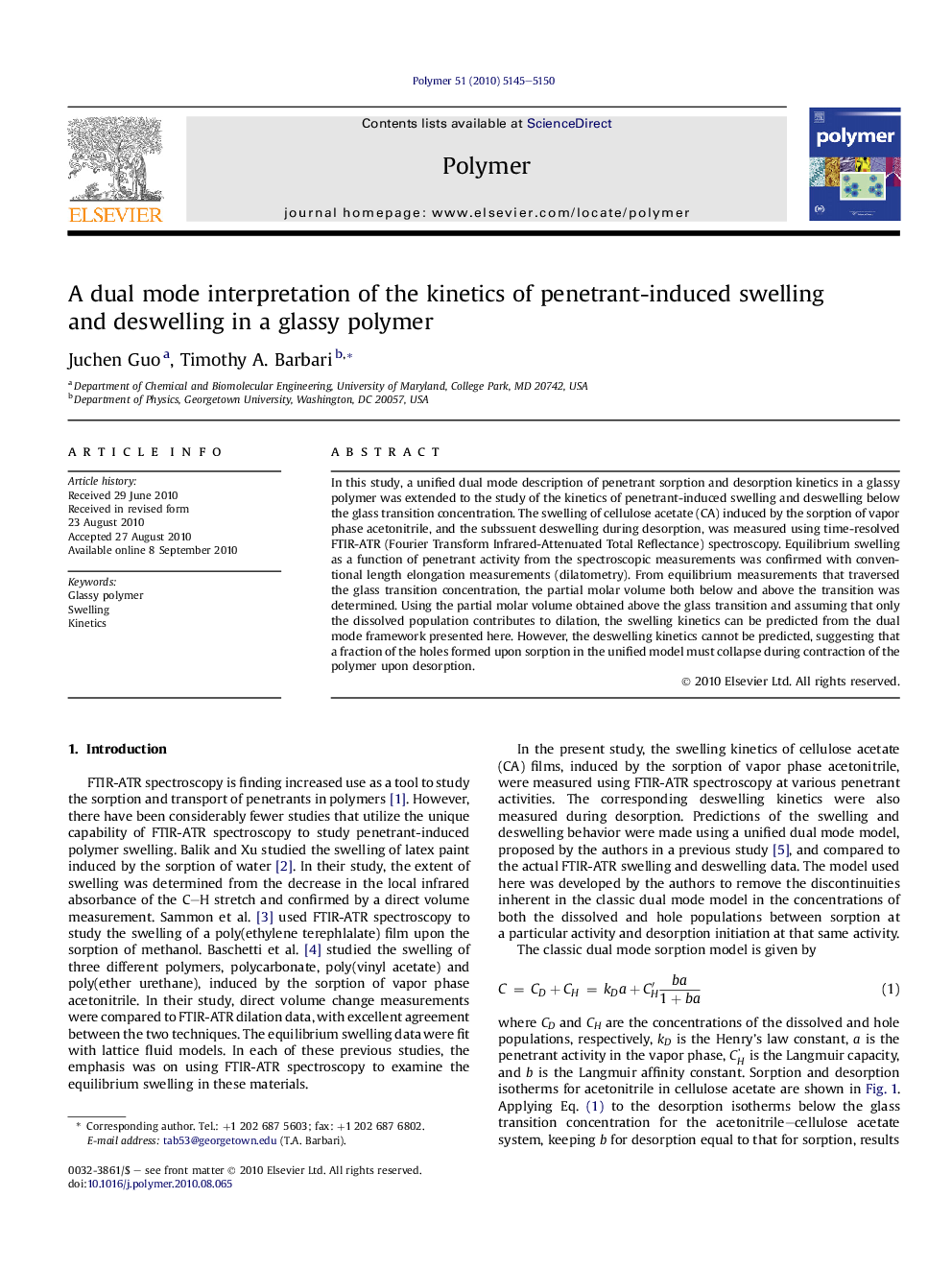 A dual mode interpretation of the kinetics of penetrant-induced swelling and deswelling in a glassy polymer