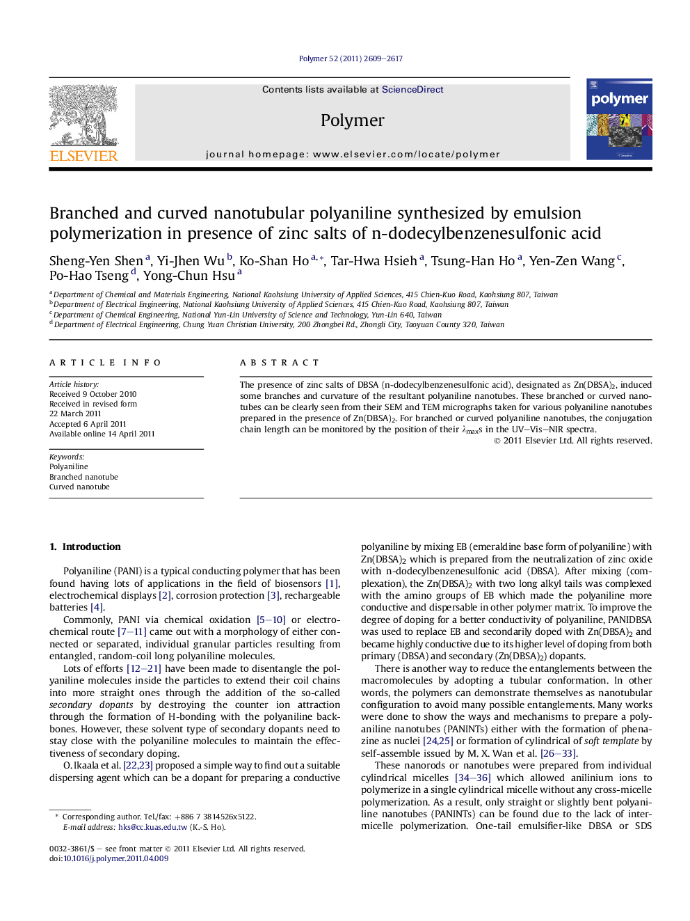 Branched and curved nanotubular polyaniline synthesized by emulsion polymerization in presence of zinc salts of n-dodecylbenzenesulfonic acid