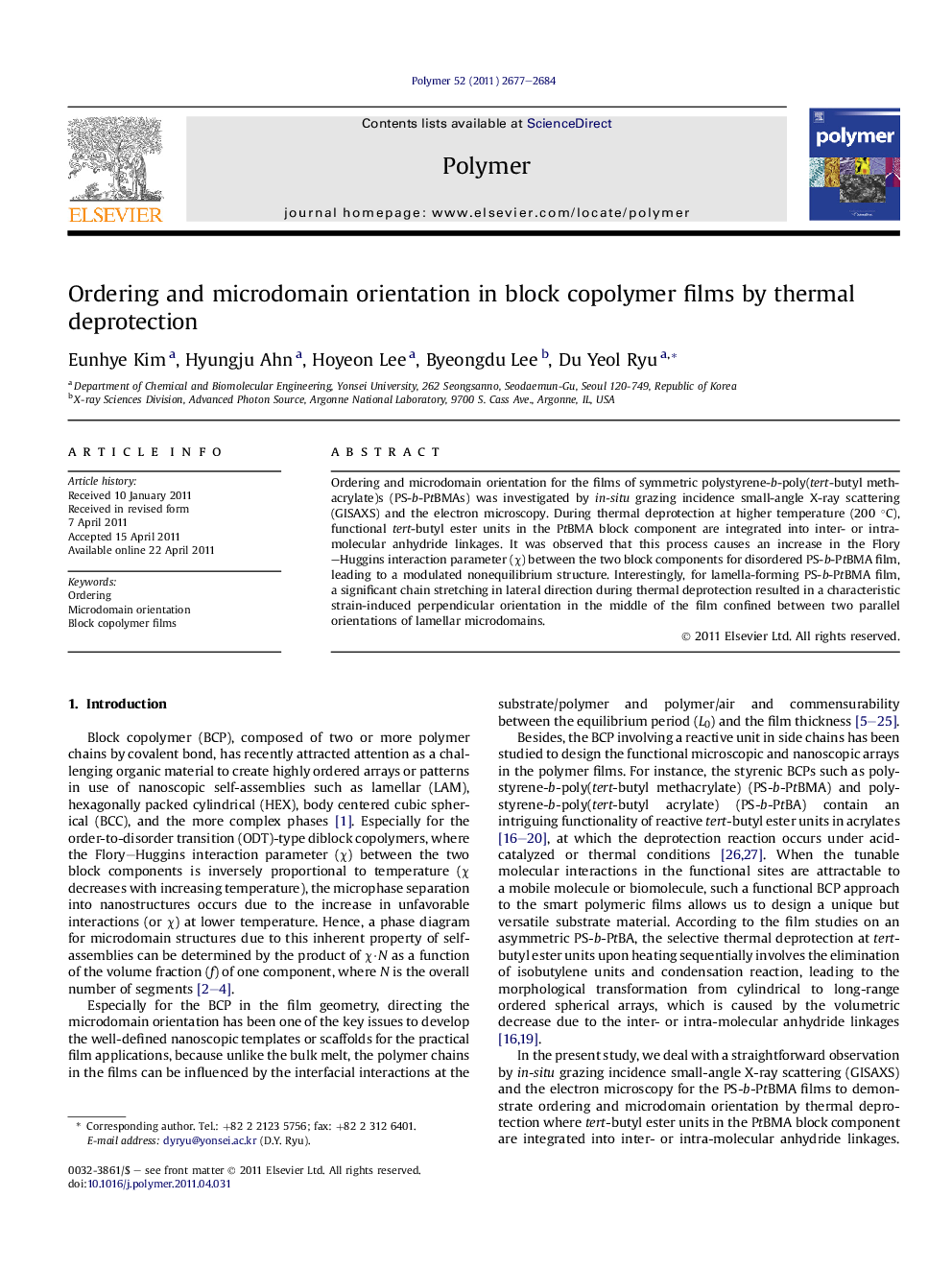 Ordering and microdomain orientation in block copolymer films by thermal deprotection