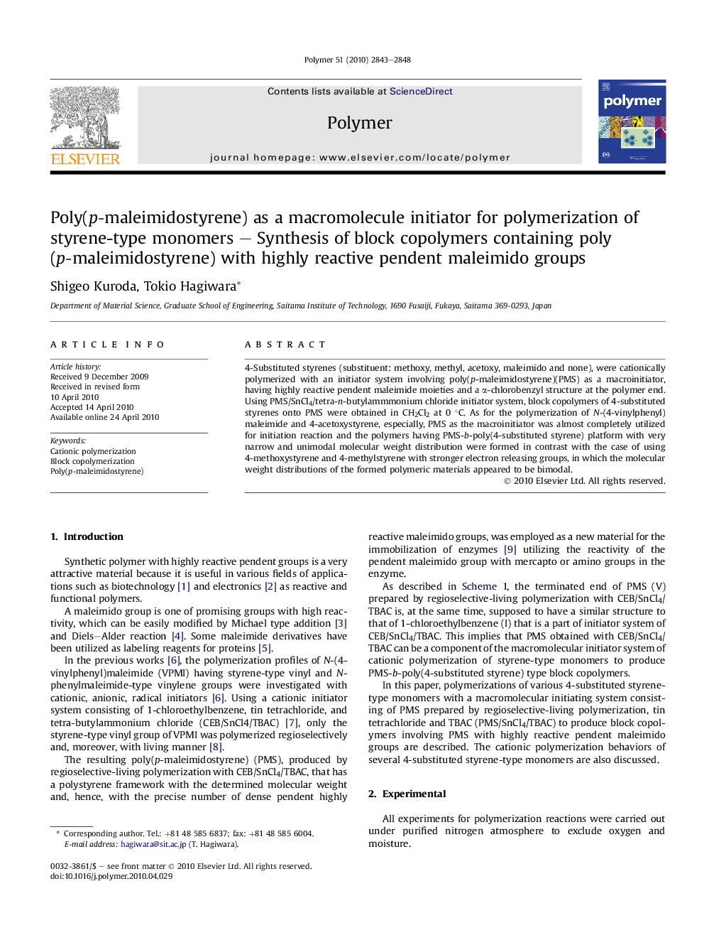 Poly(p-maleimidostyrene) as a macromolecule initiator for polymerization of styrene-type monomers - Synthesis of block copolymers containing poly(p-maleimidostyrene) with highly reactive pendent maleimido groups