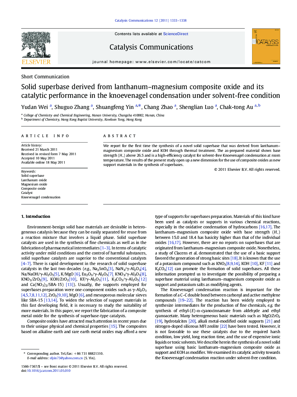 Solid superbase derived from lanthanum–magnesium composite oxide and its catalytic performance in the knoevenagel condensation under solvent-free condition