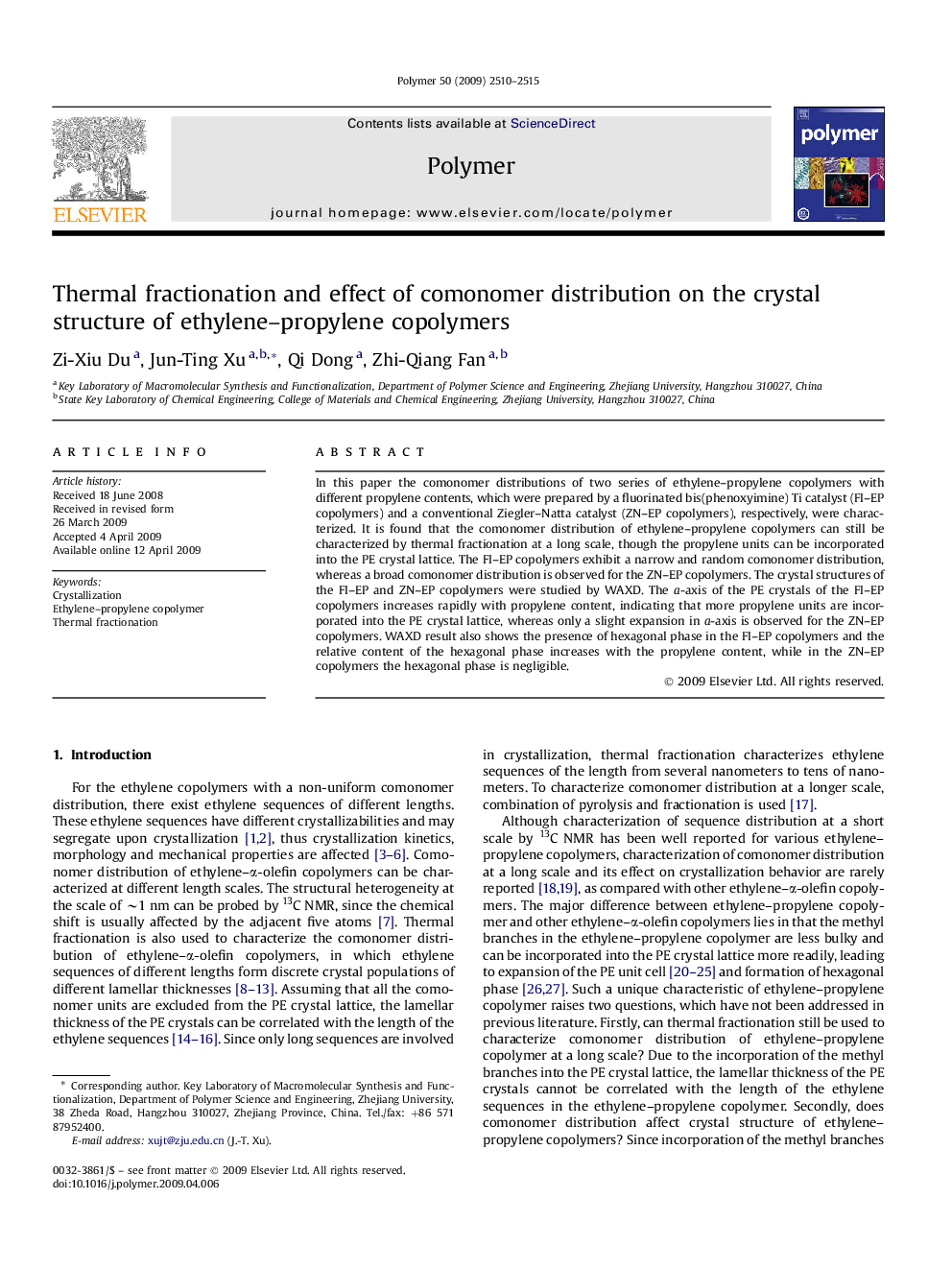 Thermal fractionation and effect of comonomer distribution on the crystal structure of ethylene-propylene copolymers