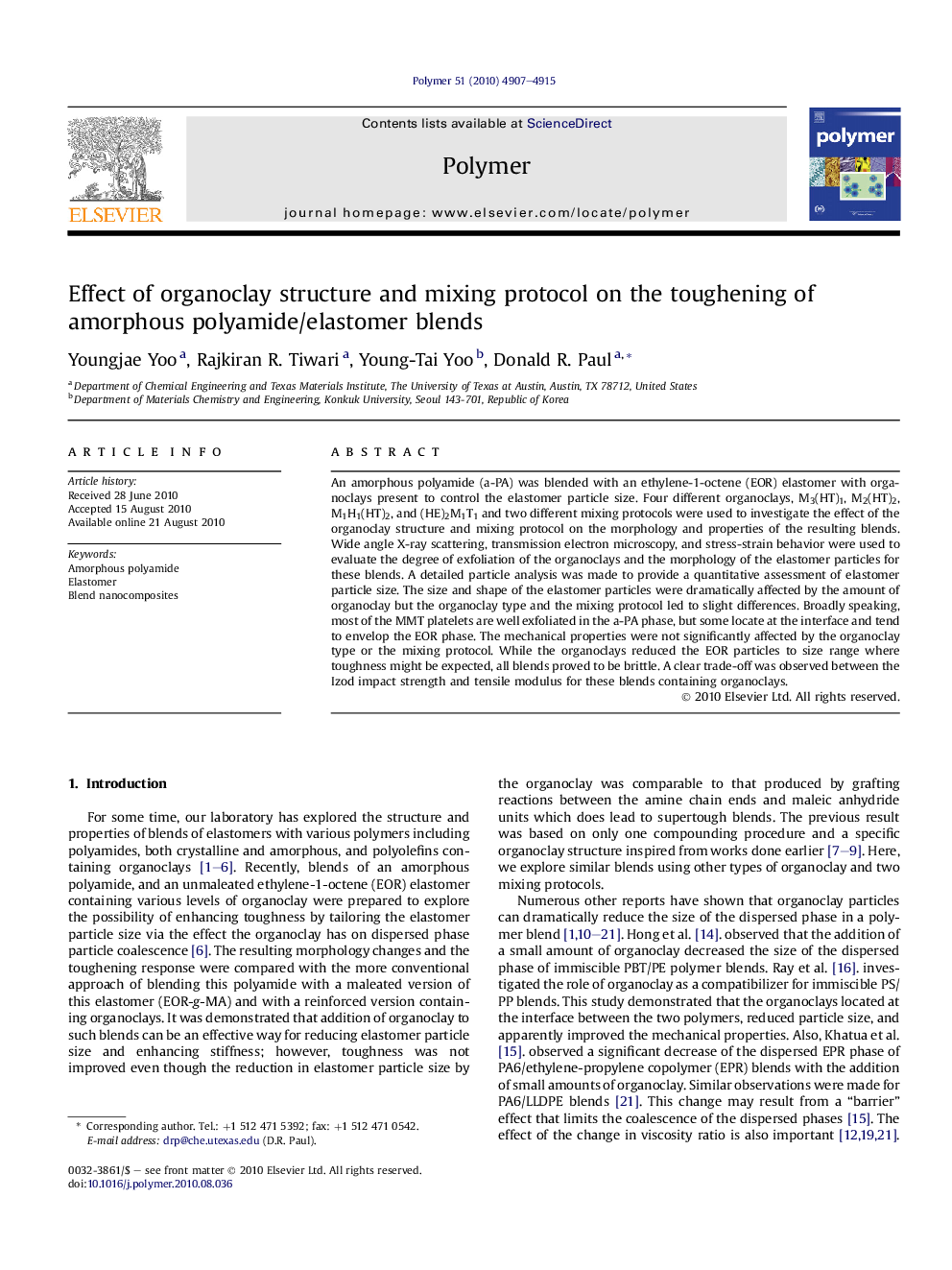 Effect of organoclay structure and mixing protocol on the toughening of amorphous polyamide/elastomer blends