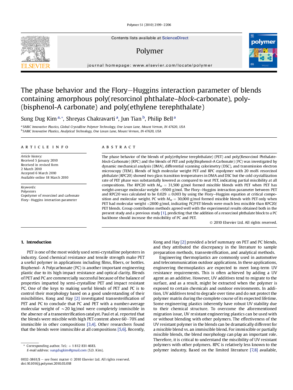 The phase behavior and the Flory-Huggins interaction parameter of blends containing amorphous poly(resorcinol phthalate-block-carbonate), poly(bisphenol-A carbonate) and poly(ethylene terephthalate)