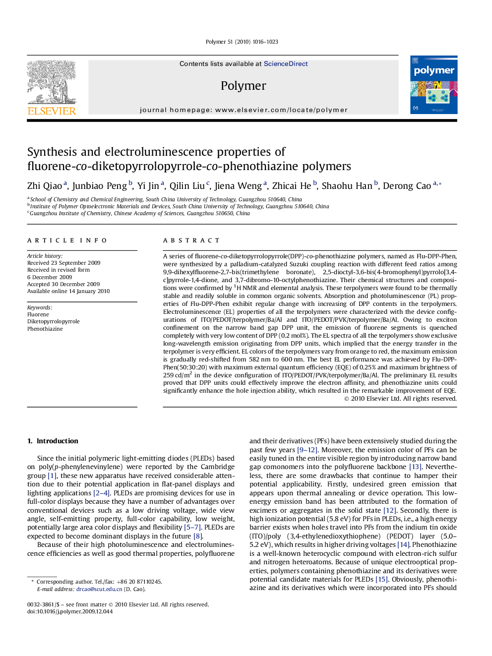 Synthesis and electroluminescence properties of fluorene-co-diketopyrrolopyrrole-co-phenothiazine polymers