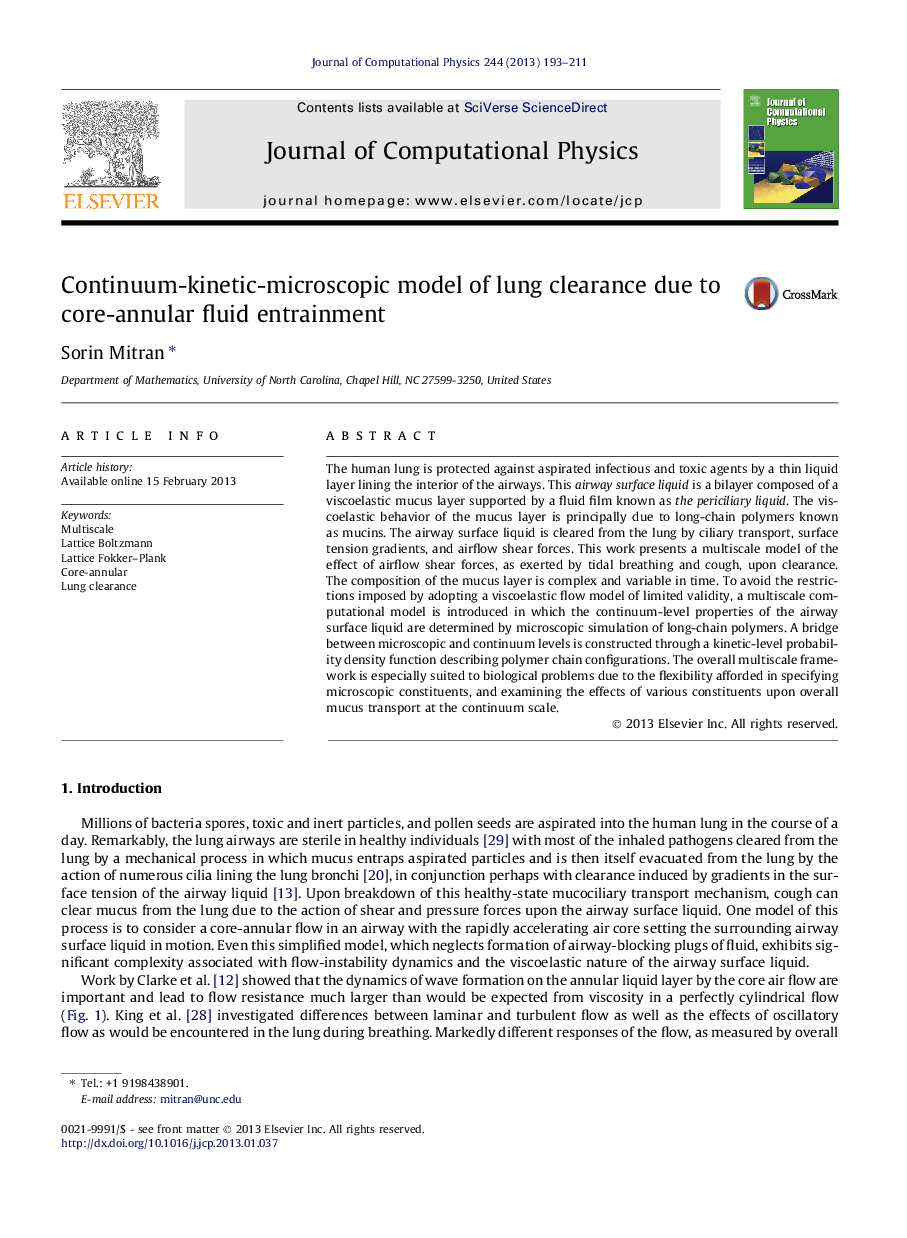 عکس صفحه اول مقاله: Continuum-kinetic-microscopic model of lung clearance due to core-annular fluid entrainment Continuum-kinetic-microscopic model of lung clearance due to core-annular fluid entrainment