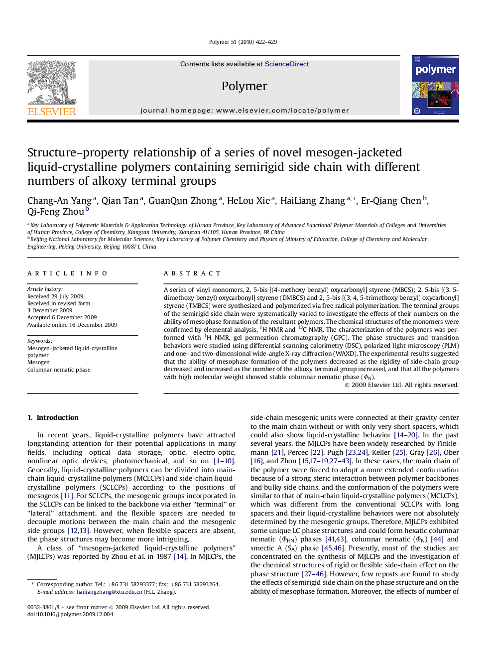 Structure-property relationship of a series of novel mesogen-jacketed liquid-crystalline polymers containing semirigid side chain with different numbers of alkoxy terminal groups