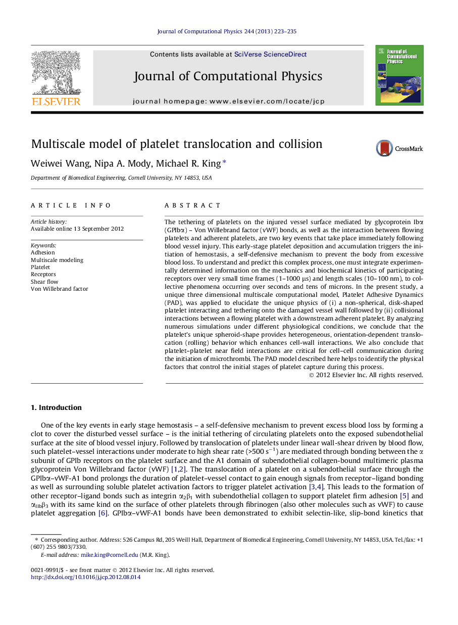 Multiscale model of platelet translocation and collision