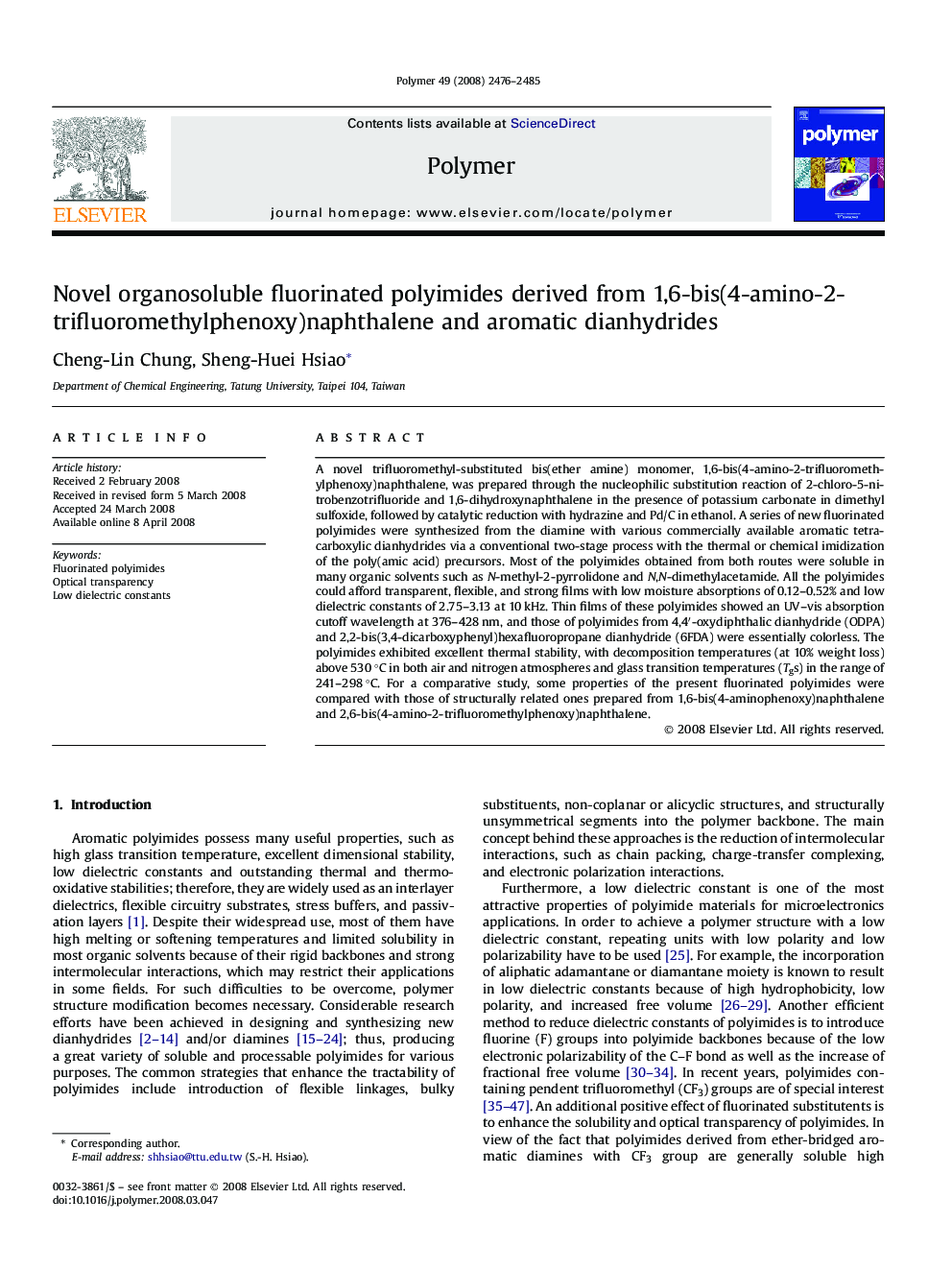 Novel organosoluble fluorinated polyimides derived from 1,6-bis(4-amino-2-trifluoromethylphenoxy)naphthalene and aromatic dianhydrides