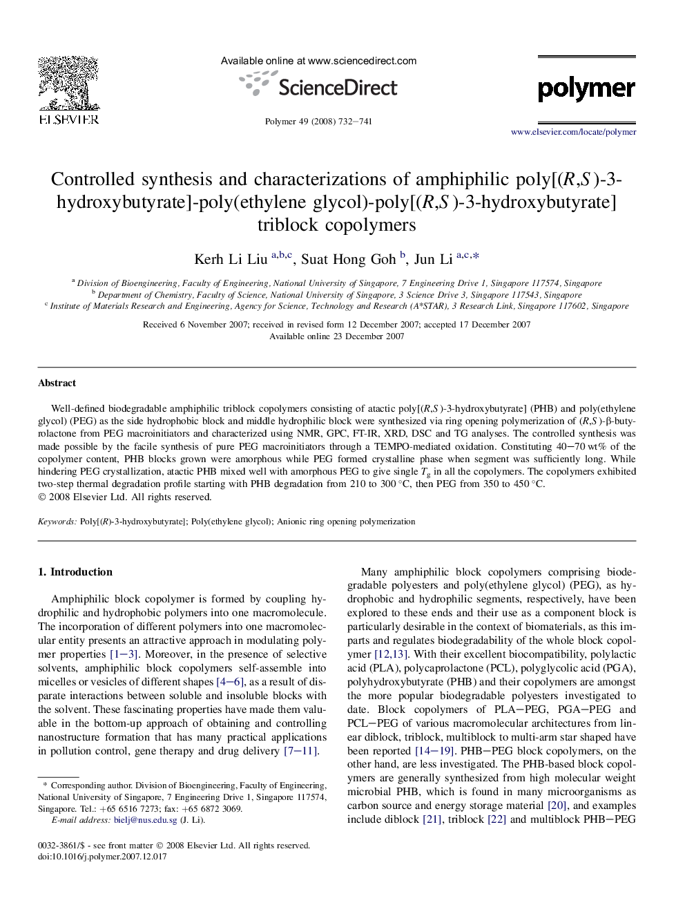 Controlled synthesis and characterizations of amphiphilic poly[(R,S)-3-hydroxybutyrate]-poly(ethylene glycol)-poly[(R,S)-3-hydroxybutyrate] triblock copolymers