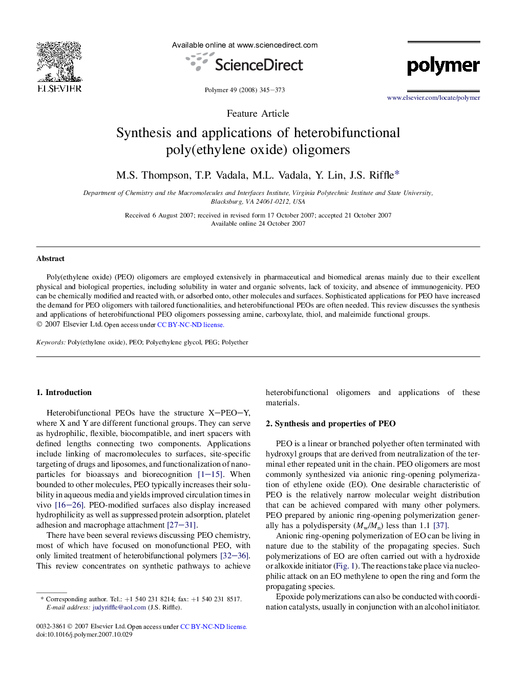 Synthesis and applications of heterobifunctional poly(ethylene oxide) oligomers