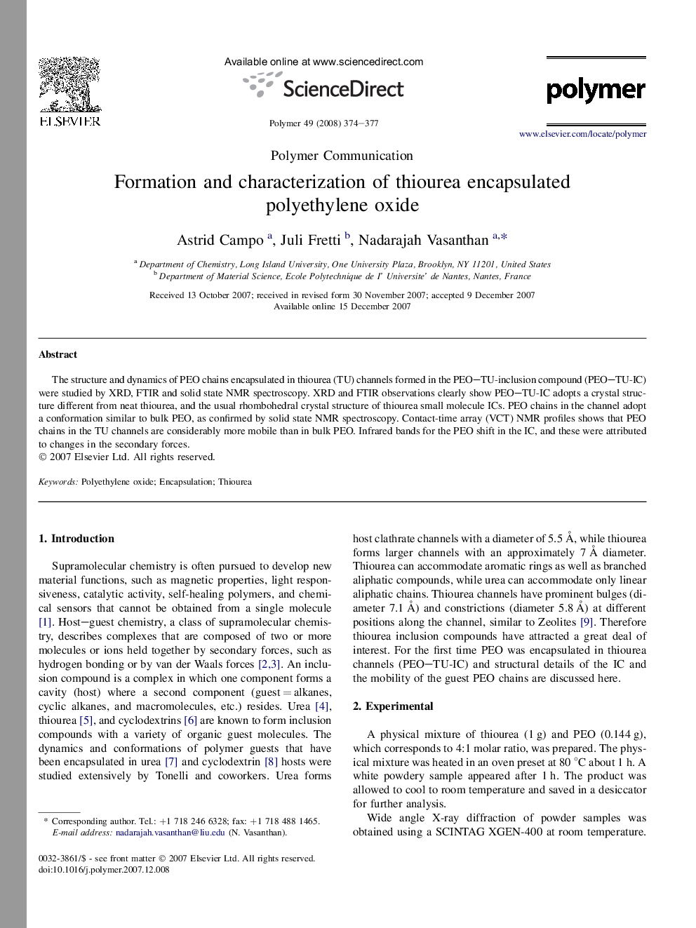 Formation and characterization of thiourea encapsulated polyethylene oxide